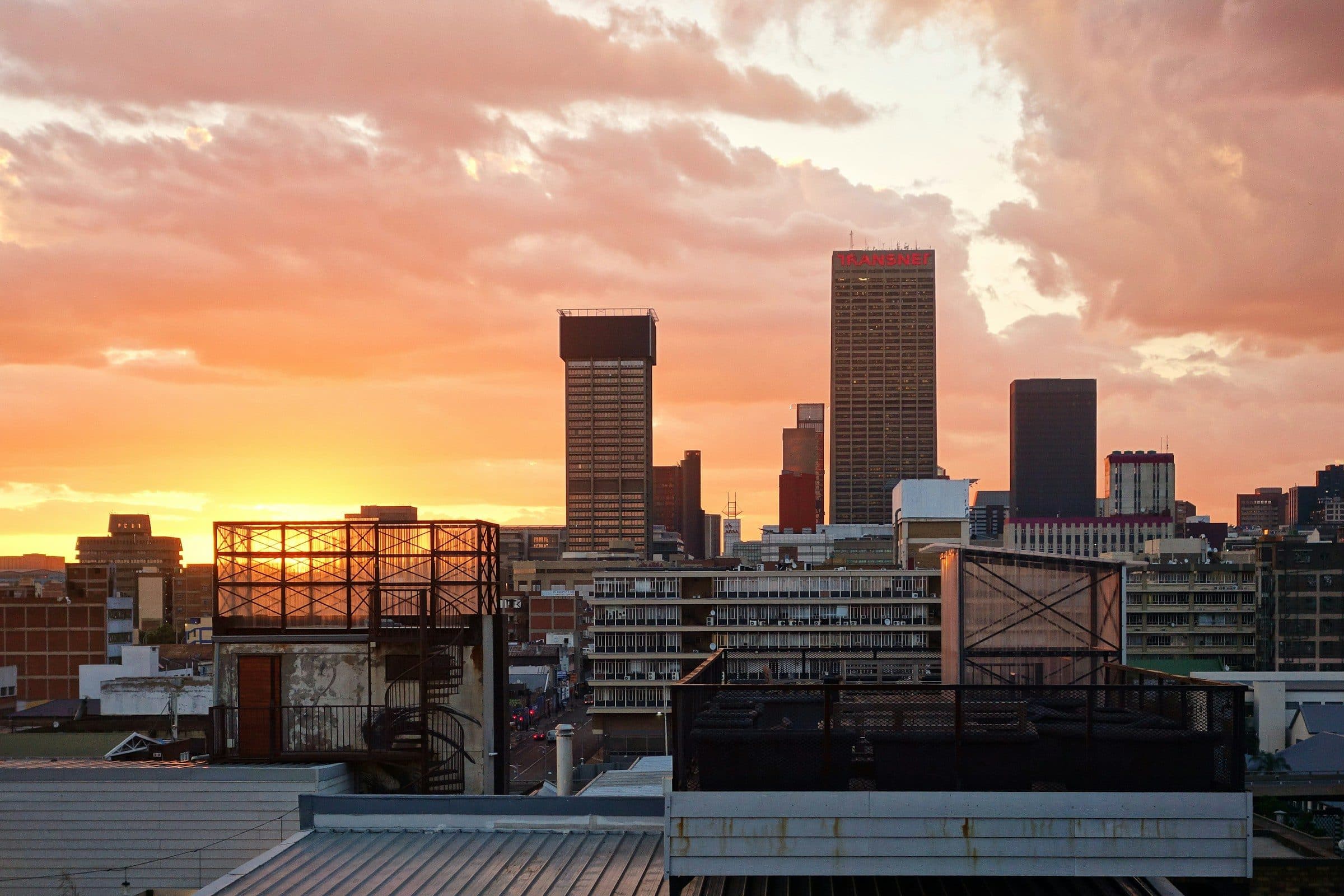Johannesburg's city centre skyline at sunset