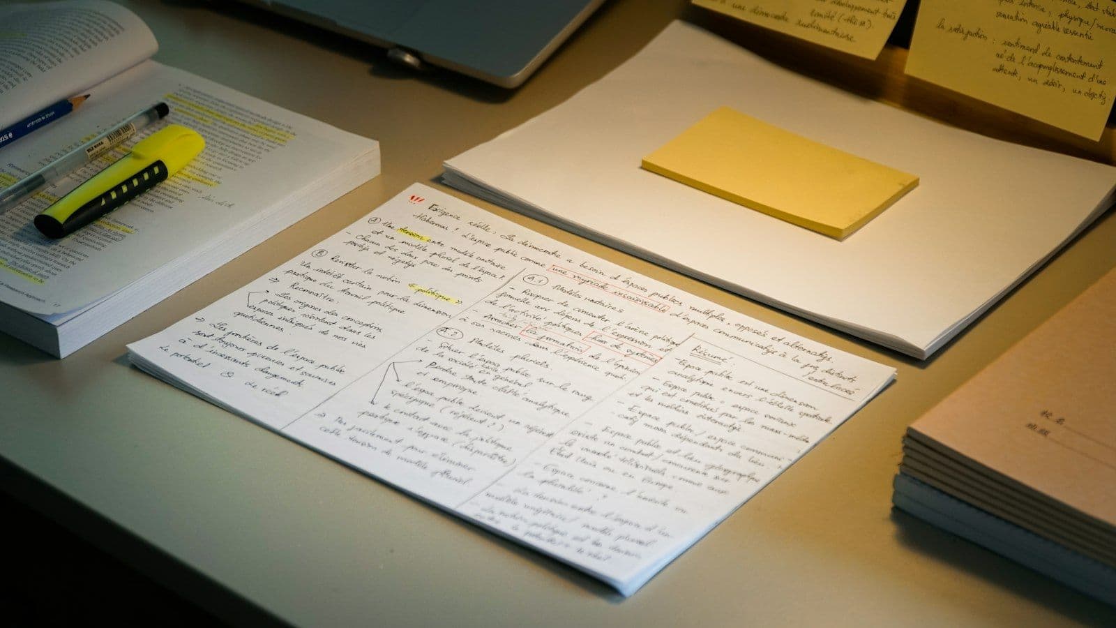 Papers, notes and a highlighter spread across a desk